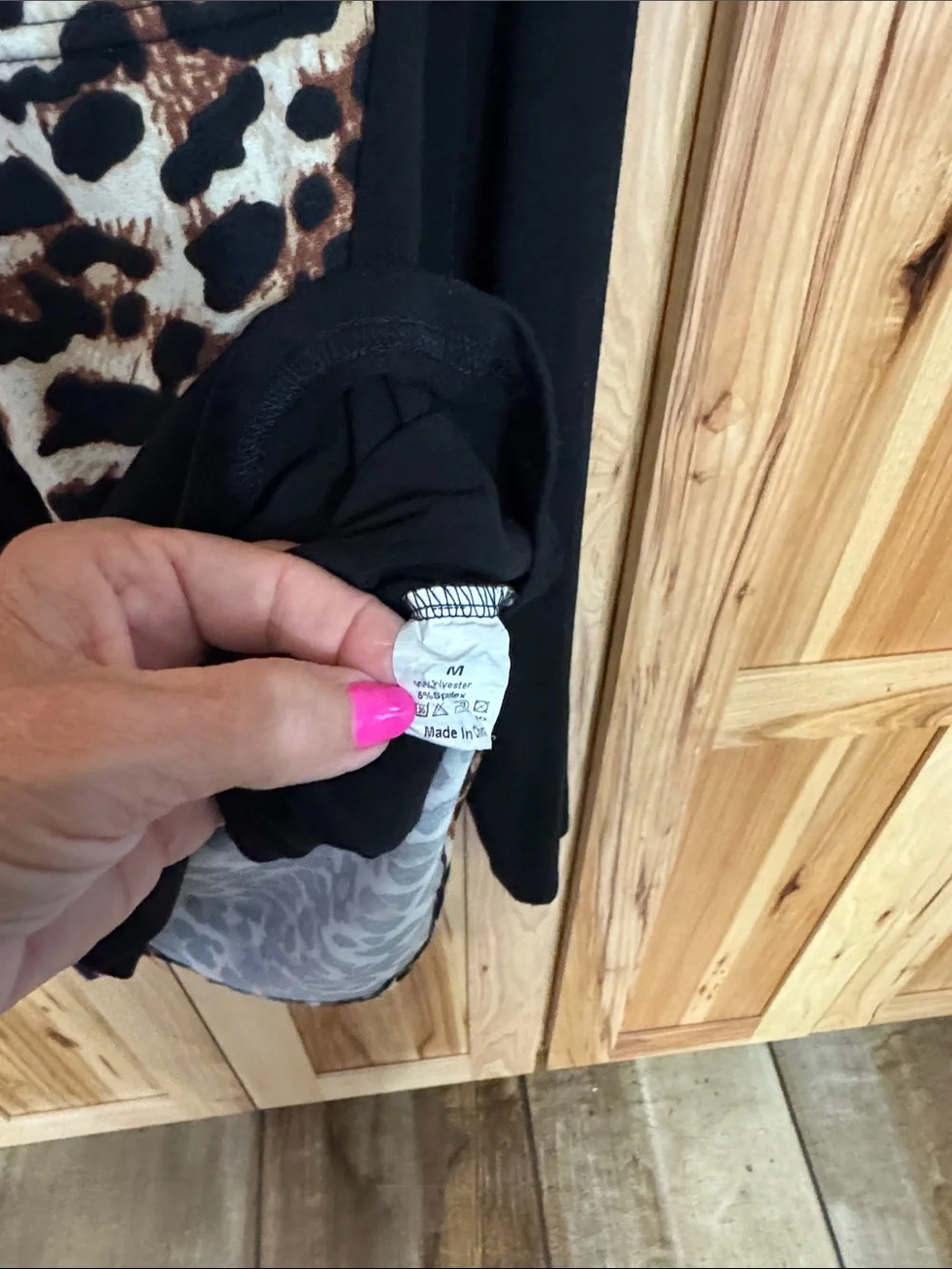 Black V-Neck Long-Sleeve Top with Leopard Pocket